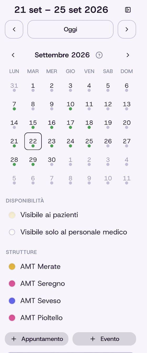 Pannello agenda Mera — calendario, disponibilità e sedi AMT
